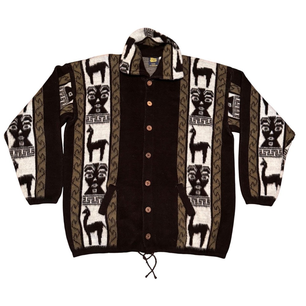 Tejidos‎ Atahualpa Wool Alpaca Llama Tribal Cardigan Sweater Jacket XXL Ecuador